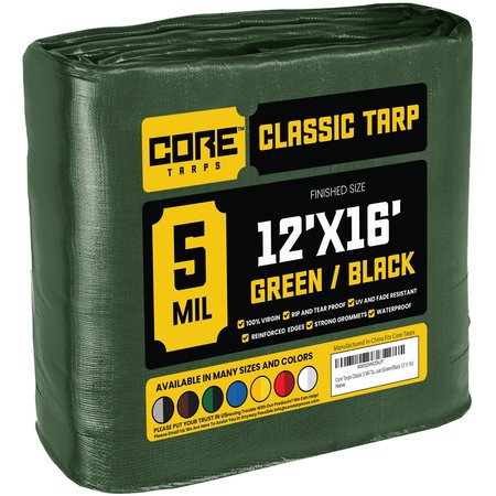 CORE TARPS 16 ft L x 0.5 mm H x 12 ft W 5 Mil Tarp, Green/Black, Polyethylene CT-503-12X16